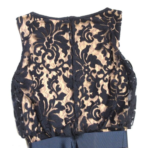 NWT TADASHI SHOJI Embroidered Lace Blouson Gown in Navy Nude Maxi Dress 4 - Picture 7 of 10